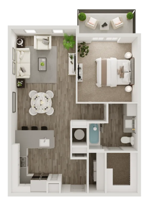 A top-down view of a small apartment with a kitchen, living room, and bathroom.
